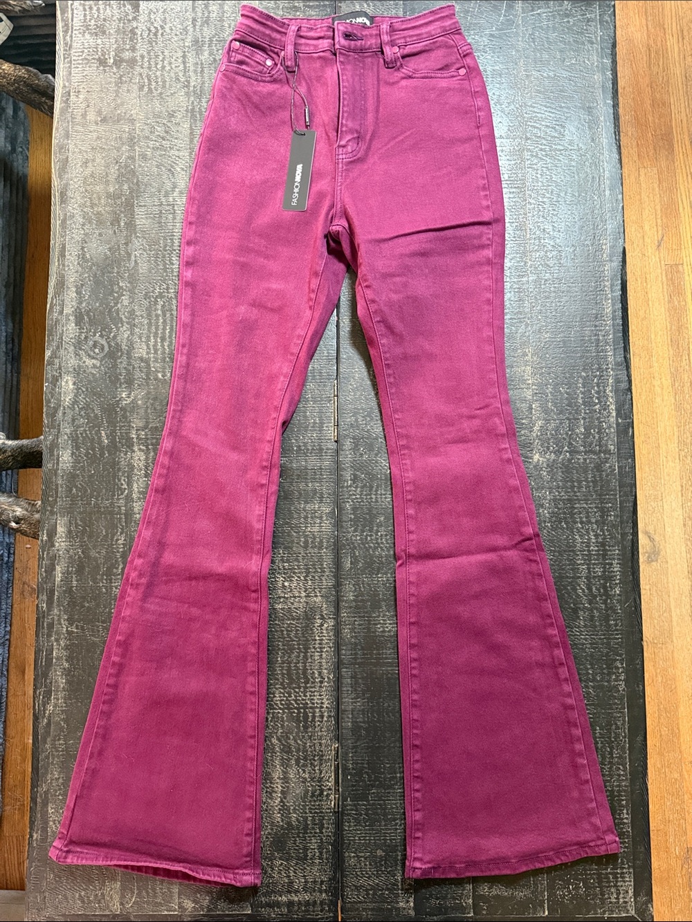 Fashion Nova Wine-Red High-Rise Flare Jeans